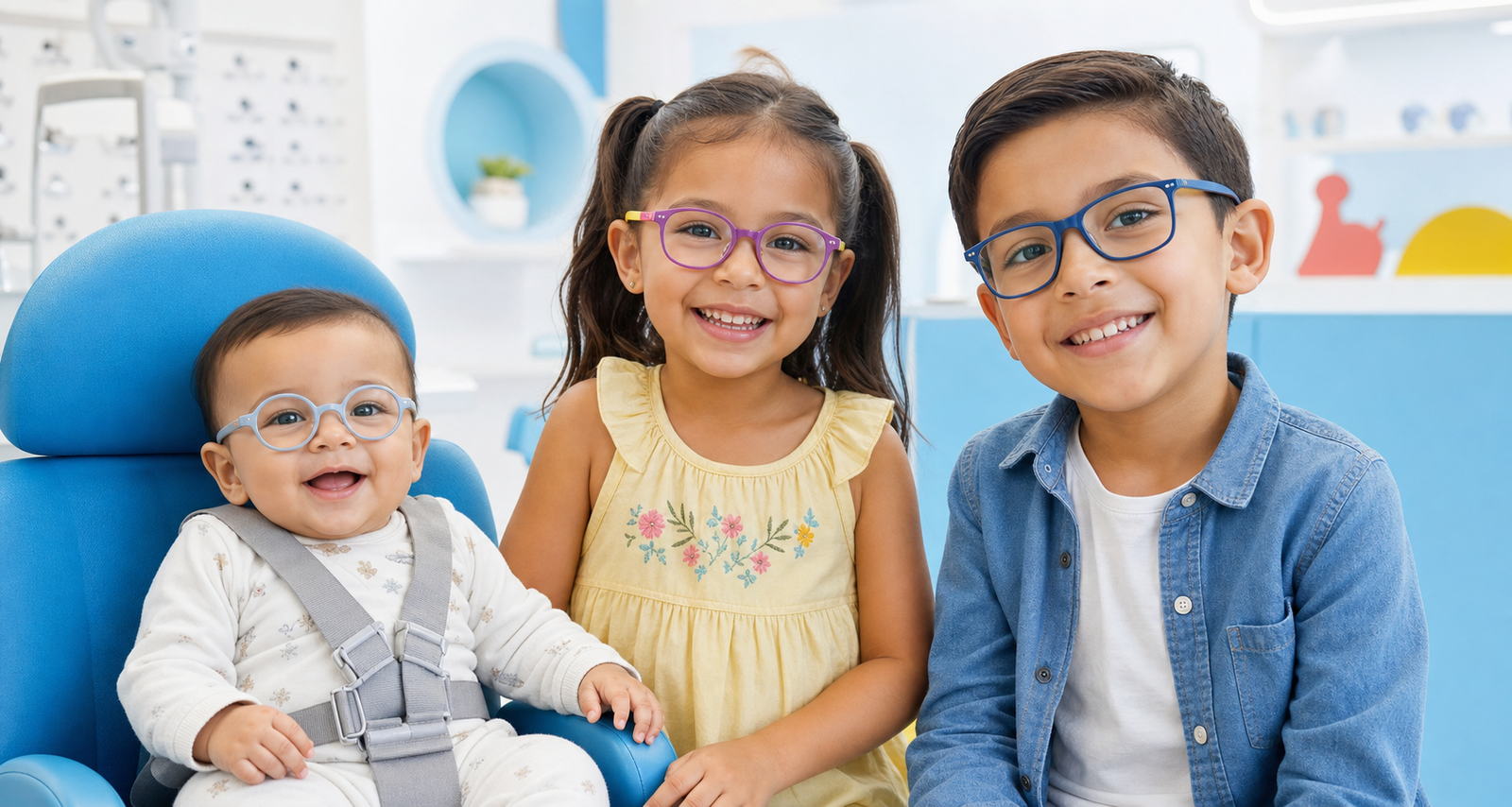 Bebé y dos niños usando armazones infantiles